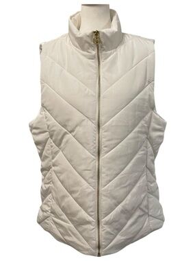 🤍Michael Kors White Quilted Chevron Puffer Vest With Gold Accents. NWT